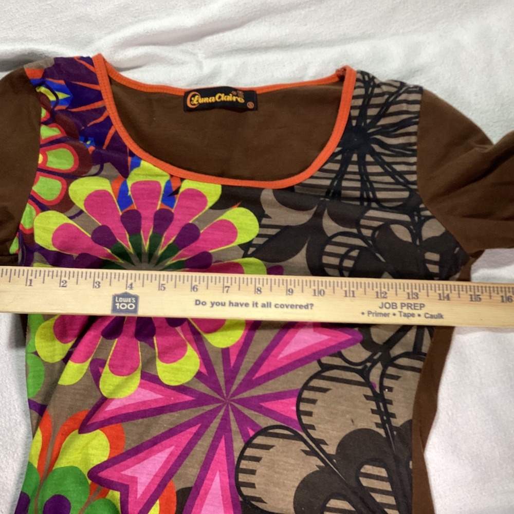 Luna Claire Womens Brown Floral Psychedelic Graphic Long Sleeve Top Small Cotton - Picture 5 of 8